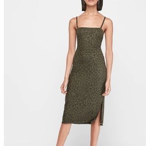 Leopard Print Square Neck Ribbed Midi Dress